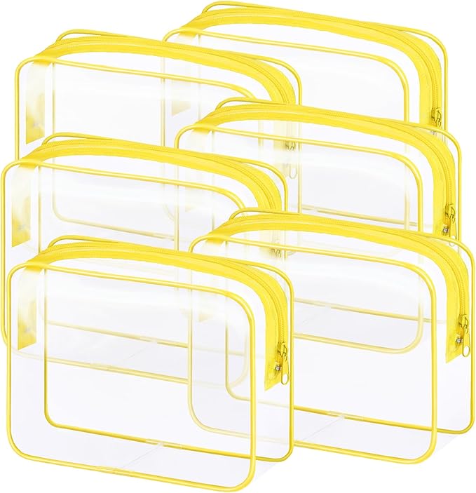 CHICAUP 6 Pieces Clear Makeup Bags Bulk TSA Approved Toiletry Bag for Travel PVC Waterproof Clear Cosmetic Pouch with Zipper for Men and Women Carry-on Travel Essentials (Yellow)
