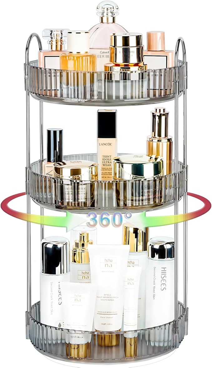 Niluks 360 Rotating Makeup Organizer, 3 Tier Large Capacity Lazy Susan Bathroom Counter Organizer, Skincare Organizers, Spinning Perfume Organizer & Vanity Organizer Countertop (Classic Grey, 3 Tier)