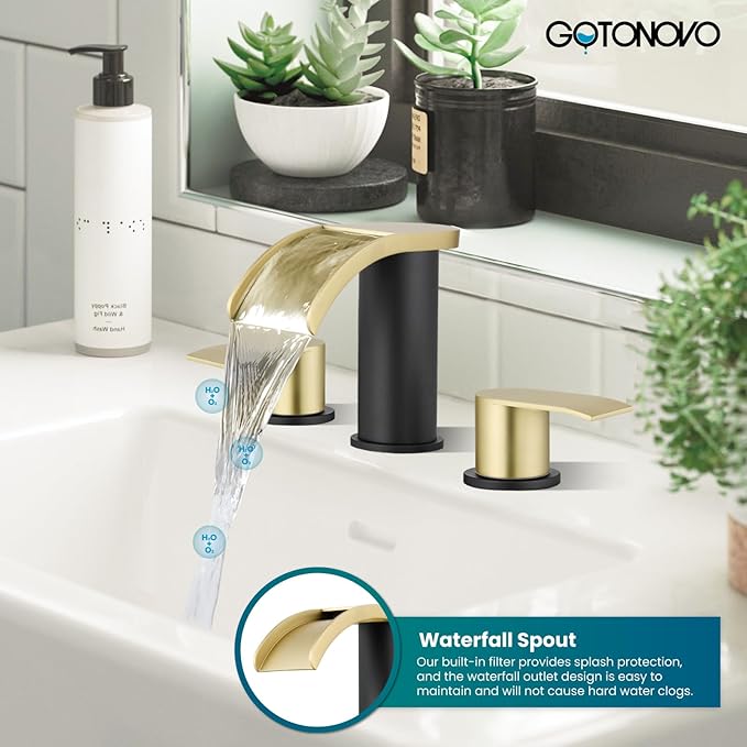 gotonovo Waterfall 8 inch Widespread Bathroom Faucet Set Bathroom Sink Faucet 3 Hole 2 Handle Vanity Lavatory Deck Mount with Pop Up Drain and Water Supply Lines Round Body Gold and Matte Black