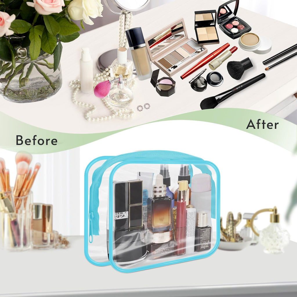 GONITYOU 16 Pieces Clear Makeup Bags Bulk, TSA Approved Toiletry Bags Travel Pouch, Waterproof PVC Plastic Small Clear Cosmetic Bags with Zipper for Organizing (Blue Border)
