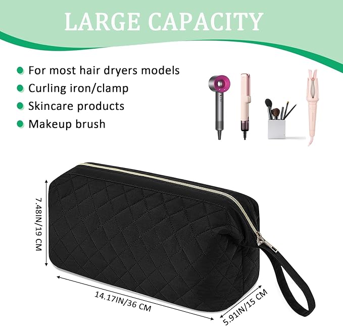 Quilted Hair Tools Travel Bag Organizer,Portable Large Hair Styling Accessories Storage Case for Flat Irons,Straightener,Curling Iron,Hair Dryer (Black)