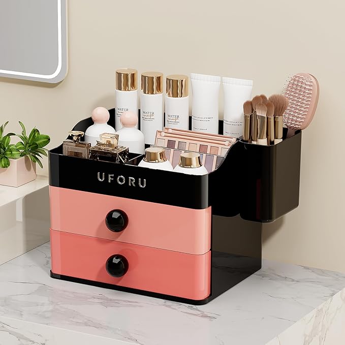 UFORU Makeup Organizer for Vanity with Brush Holder, Countertop Skincare Organizer with 2 Drawers, Spacious Cosmetic Display Case for Perfumes, Eyeshadow Palettes, Nail Polishes