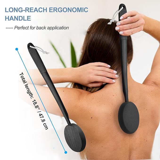 Lotion Applicator for Back, Feet & Legs, Long Plastic Handle Moisturizer Cream, Self Tanning, Sunscreen, Ointment, Medicine Back Applicator for Elderly Men or Women with 4 Washable Pads (Dark)