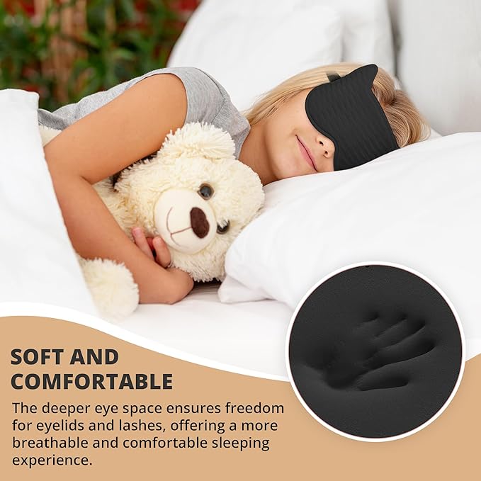 Kids Sleep Mask for Sleeping – Soft 3D Contoured Eye Mask for Kids, Comfortable No-Pressure Eye Cover with Memory Foam for Travel, Naps & Airplane, Boys & Girls (Black)