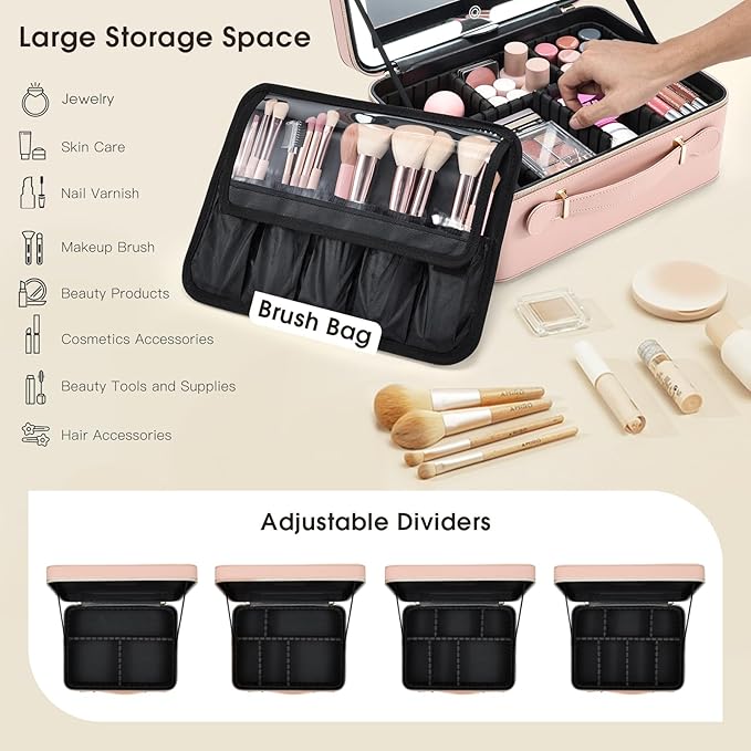 Faquenc Leather Makeup Case with LED Lighted Mirror 11.4 Inch Travel Makeup Bag Adjustable Brightness in 3 Colors Cosmetic Organizer Artist Storage Bag with Dividers Brush Holder Storage Vanity Pink