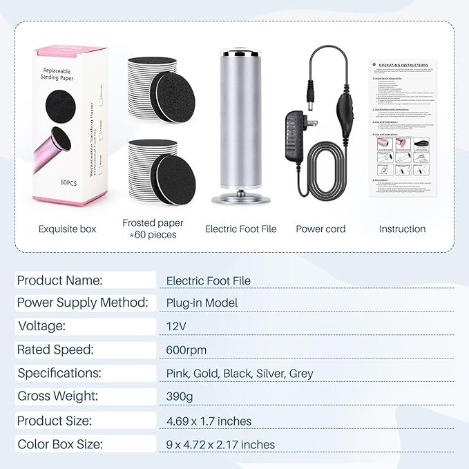 Electric Foot File Remover Callus: Profesional Pedicure Tool for Foot Sander - Summer Adjustable Speed Feet File Grinder for Skin and Calluses - 60 Pcs Replacement Sandpaper Disk for Home Spa Salon