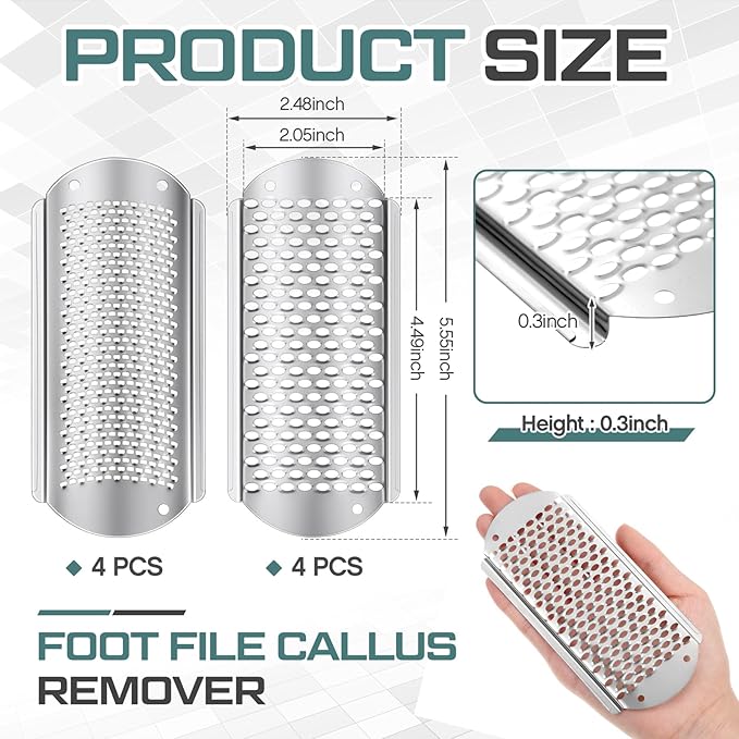 Moxweyeni 8 Pack Silver Foot File Callus Remover Replacement Blades Metal Pedicure Rasp Hard Skin Remove Scrubber Stainless Steel 2 Designs Big/fine Hole for Detachable Foot Grater