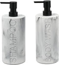 Indecor Home Marble Resin 2 Piece Shampoo and Body Wash Dispenser Set, Luxurious Refillable Pump Bottles with Matte Pump Top and Embossed Text, Durable Design for Bathroom and Shower