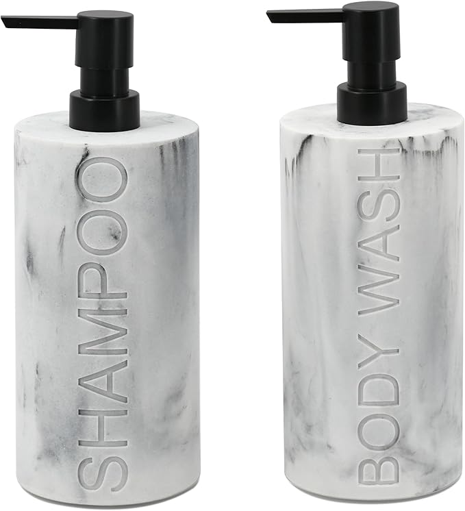 Indecor Home Marble Resin 2 Piece Shampoo and Body Wash Dispenser Set, Luxurious Refillable Pump Bottles with Matte Pump Top and Embossed Text, Durable Design for Bathroom and Shower