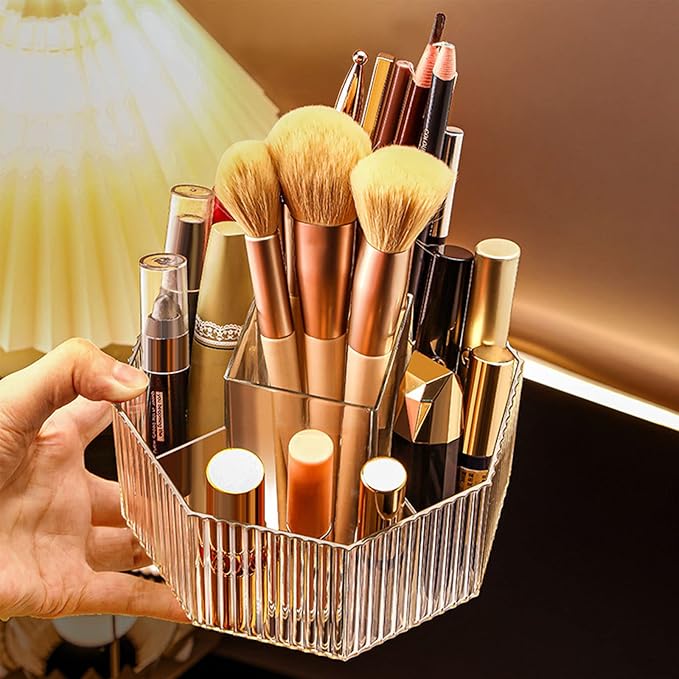 LINFIDITE 360°Rotating Makeup Brush Holder Cosmetic Display Case Clear Makeup Lip Gloss Organizer Case with 5 Slots Round Turntable Storage Tray for Vanity, Bathroom, Counter Organizer Clear White