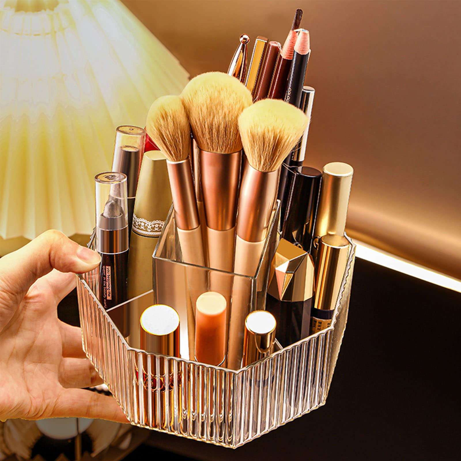 LINFIDITE 360°Rotating Makeup Brush Holder Cosmetic Display Case Clear Makeup Lip Gloss Organizer Case with 5 Slots Round Turntable Storage Tray for Vanity, Bathroom, Counter Organizer Clear White