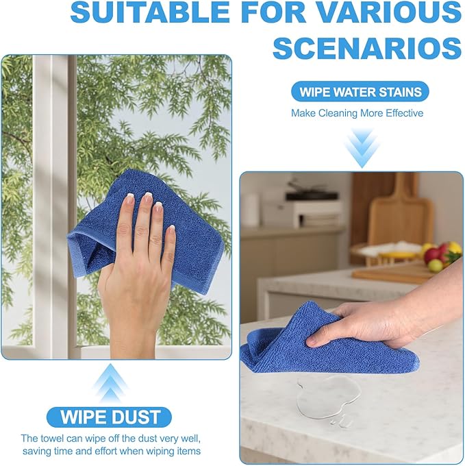 12 Pack 100% Cotton Wash Cloth, 12x12 Inch Highly Absorbent and Soft Feel Fingertip Towels, Machine Washable Washcloths for Bathroom, Gym, Hotel, Spa and Kitchen, Blue