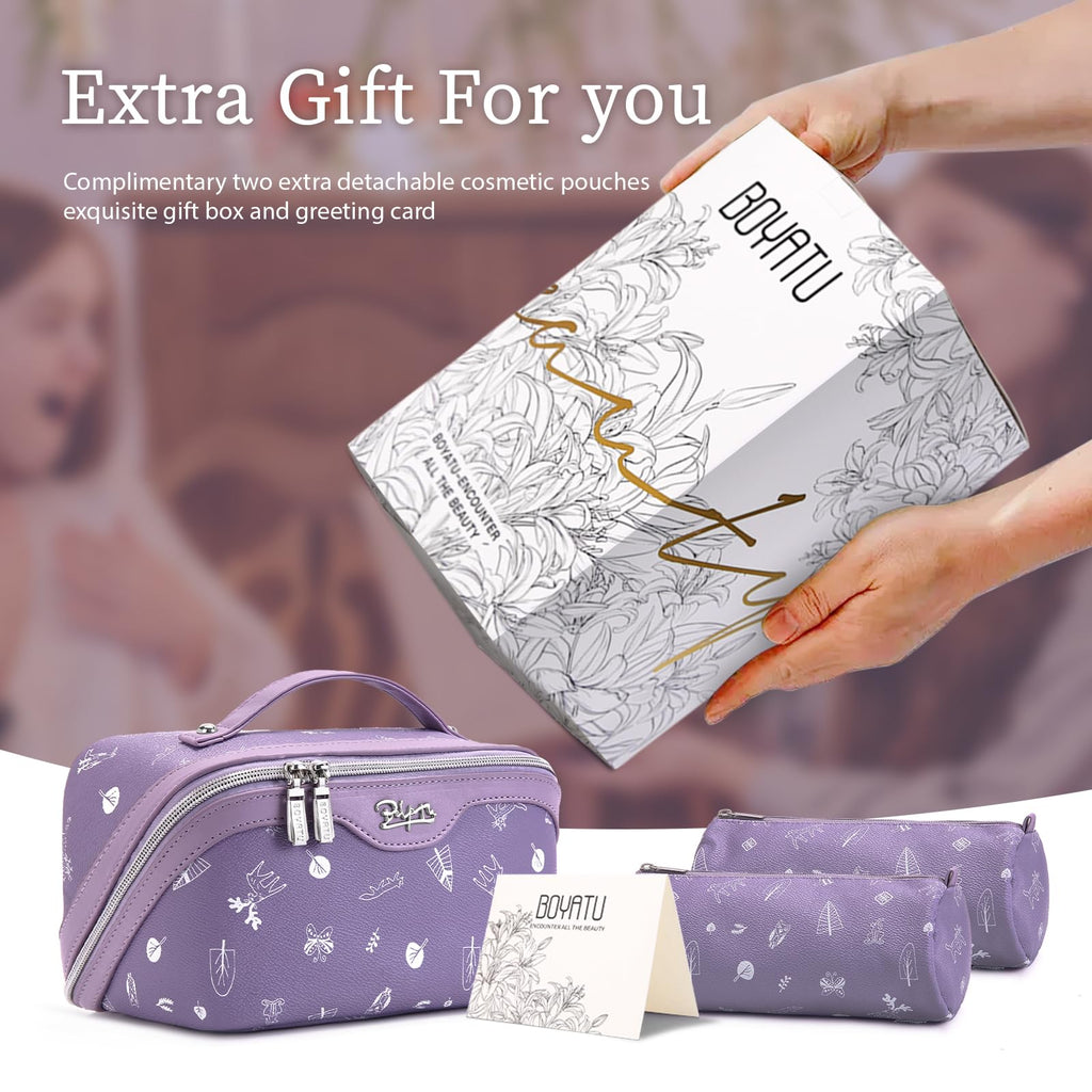 BOYATU Travel Makeup Bag Cosmetic Bags for Women: 3 Pcs Set Portable Make up Bag with Handle - PU Leather Toiletry Bags with Compartments - Makeup Organizer for Travel Essentials(L-3-Purple)