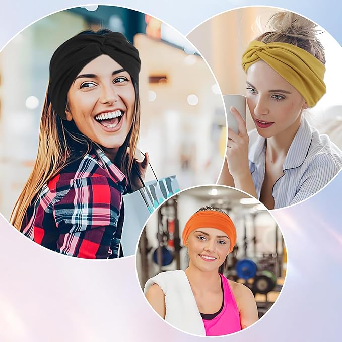 10 Pcs Wide Headbands for Women Non Slip, Stretchy Turban Hair Bands for Big Hair, Extra Thick Sports Headwrap for Workout Running Yoga, Colorful Elastic Hair Accessories for Ladies Gifts (10 Color2)