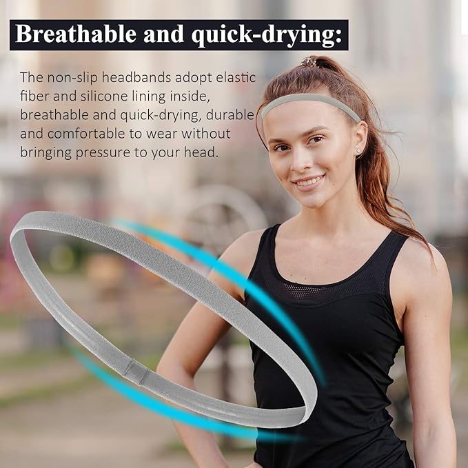 Bememo 4 Pieces Thick Non-Slip Elastic Sport Headbands Hair Headbands for Women and Men (Black, Gray, White)