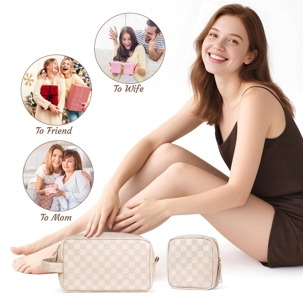 MAGEFY Small Makeup Bag for Purse, Checkered Makeup Bag Small Pouches for purse Leather Mini Make Up Bag Cute Cosmetic Bag for Women with Slip-in Pockets.Beige