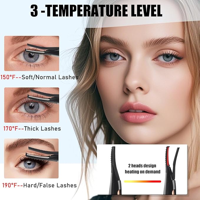 Heated Eyelash Curlers - 2 in 1 Clip- Type Heated lash Curler Best Seller Electric Eyelash Curler LED Display 3 Temp Settings for Makeup Tools USB Rechargeable Natural Curling 24H Long Lasting 3A