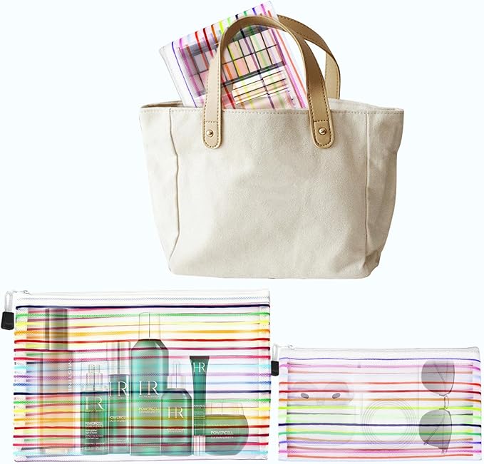 CarryEpic Mesh Bags with Zipper (6 Pack), Nylon Makeup Bag Cosmetic Pouches Travel Organizer Case for Purse Diaper Bag Home Organizing Striped Multi Size White