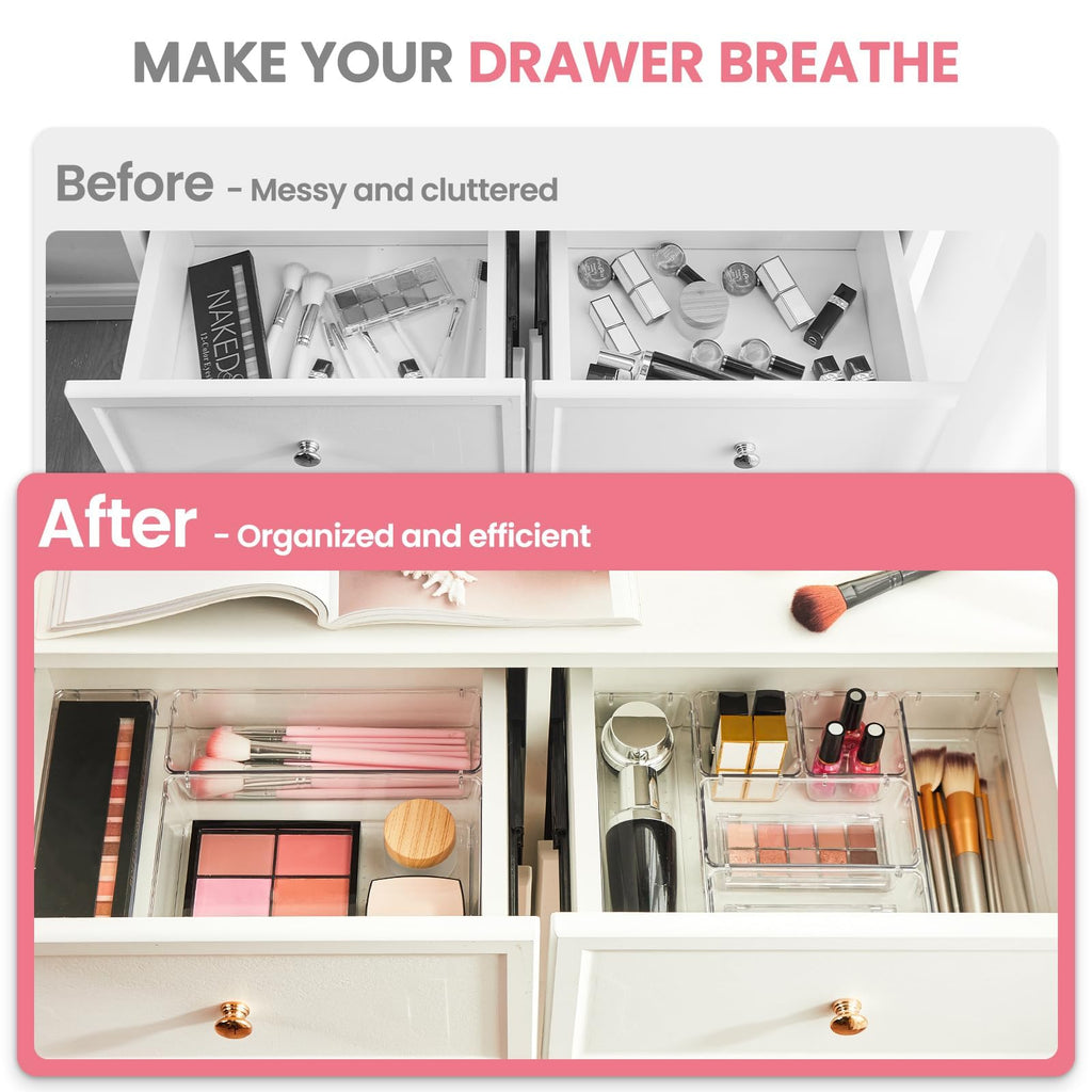 HOUSE DAY Makeup Drawer Organizer Trays 17 PCS, 4-Size Clear Drawer Organizers with Silicone Pads, Vanity Organizers and Storage, Non Slip Plastic Drawer Organizer for Desk, Bathroom, Kitchen, Office