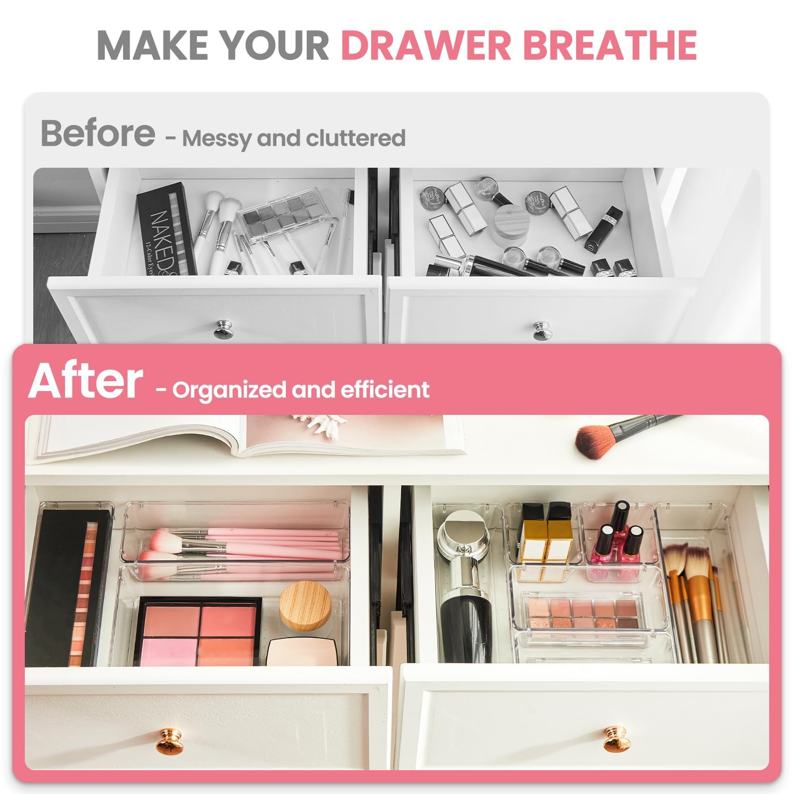 HOUSE DAY Makeup Drawer Organizer Trays 17 PCS, 4-Size Clear Drawer Organizers with Silicone Pads, Vanity Organizers and Storage, Non Slip Plastic Drawer Organizer for Desk, Bathroom, Kitchen, Office