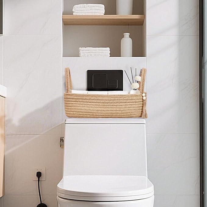 ABenkle Small Storage Basket, Jute Rope Woven Toilet Paper Tray Organizer for Toilet Tank Top, Boho Bathroom Decor Holder for Shelf Bedroom Living Room -13x6x4 Inches