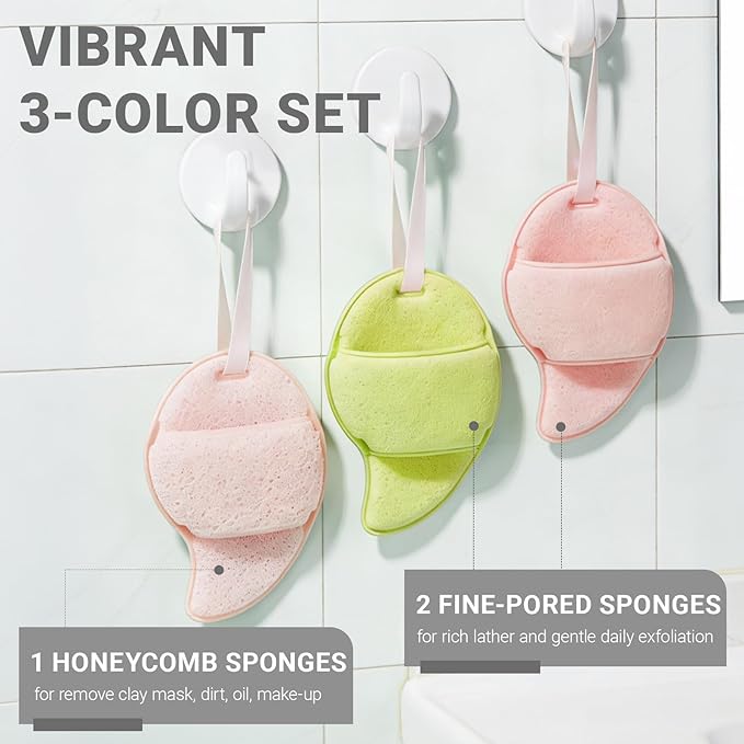 3 Pcs Facial Sponges, Face Scrubber Exfoliator, Reusable Facial Sponge Deep Cleansing Makeup Removal, Gentle Exfoliating Face Pads for Daily Face Wash(Pink & Green)