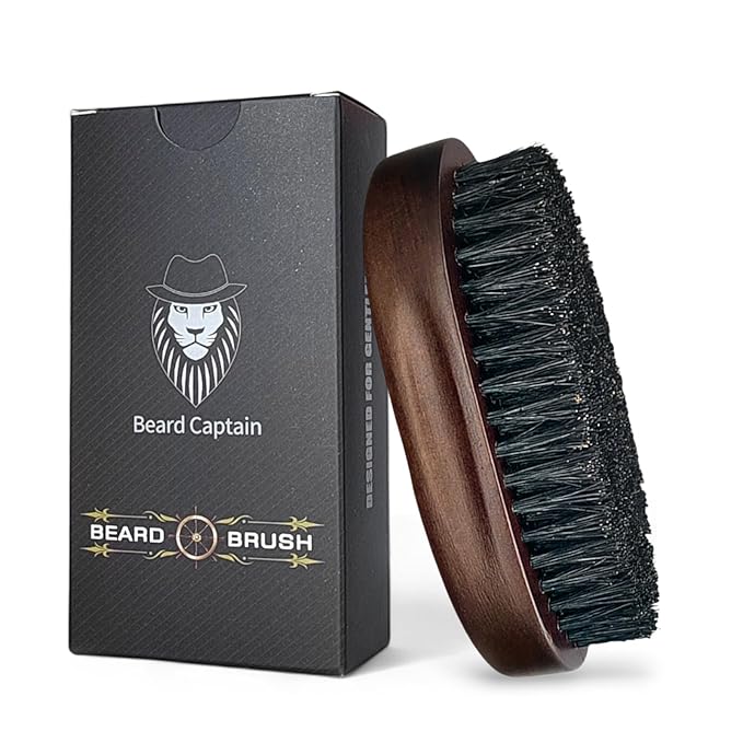 Beard Captain 100% Boar Bristle Beard Brush for Man – Retro Wooden Handle, Promotes Beards Growth & Softens, Travel Size