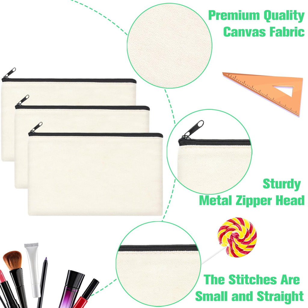 ZeeDix 12-Piece Canvas Pouch Bulk - Beige Blank DIY Craft Bag Zipper Bags Multipurpose Cosmetic Makeup Travel Toiletry Bag for Storage (8.3 x 5 inches)