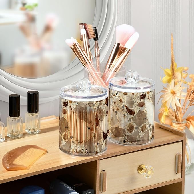xmycdz 2 Pack Brown Marble Print Apothecary Jars with Lid, 10 Oz Marble Print Clear Plastic Apothecary Jar Set Qtip Holder Storage Containers for Cotton Ball Swabs Bathroom Vanity