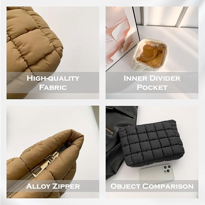 HFLZBRO Puffy Quilted Makeup Bag for Women, Cosmetic Bag, Travel Toiletry Organizer Pouch Clutch (brown)