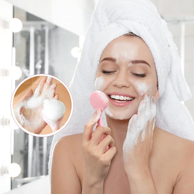 Silicone Manual Facial Cleansing Brush, NADUSEP 2 Pack Skin Friendly Soft Bristles Waterproof Face Scrubber Exfoliating Brush for Blackheads Whiteheads Makeup Residues Removal (Blue, Pink)