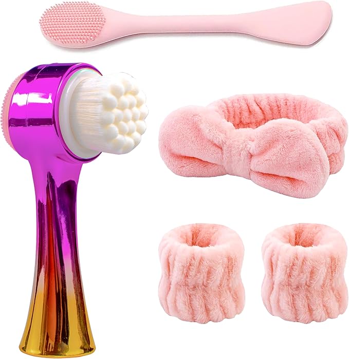 Facial Cleansing Brush 2 in 1Double-Sided Facial Cleaning Brush with Soft Bristles for Deep Pore Exfoliation, Wash Makeup, Massaging (Gold&Pink 5PCS)
