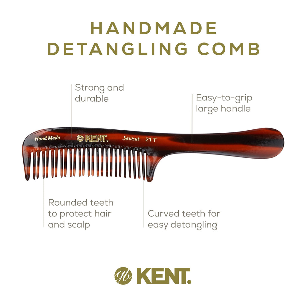 Kent 21T Tortoiseshell Large Detangling Comb, Wide Teeth for Thick Curly Wavy Hair. Long Hair Detangler Comb For Wet and Dry. Handmade of Quality Cellulose, Saw-Cut Hand Polished, Made in England