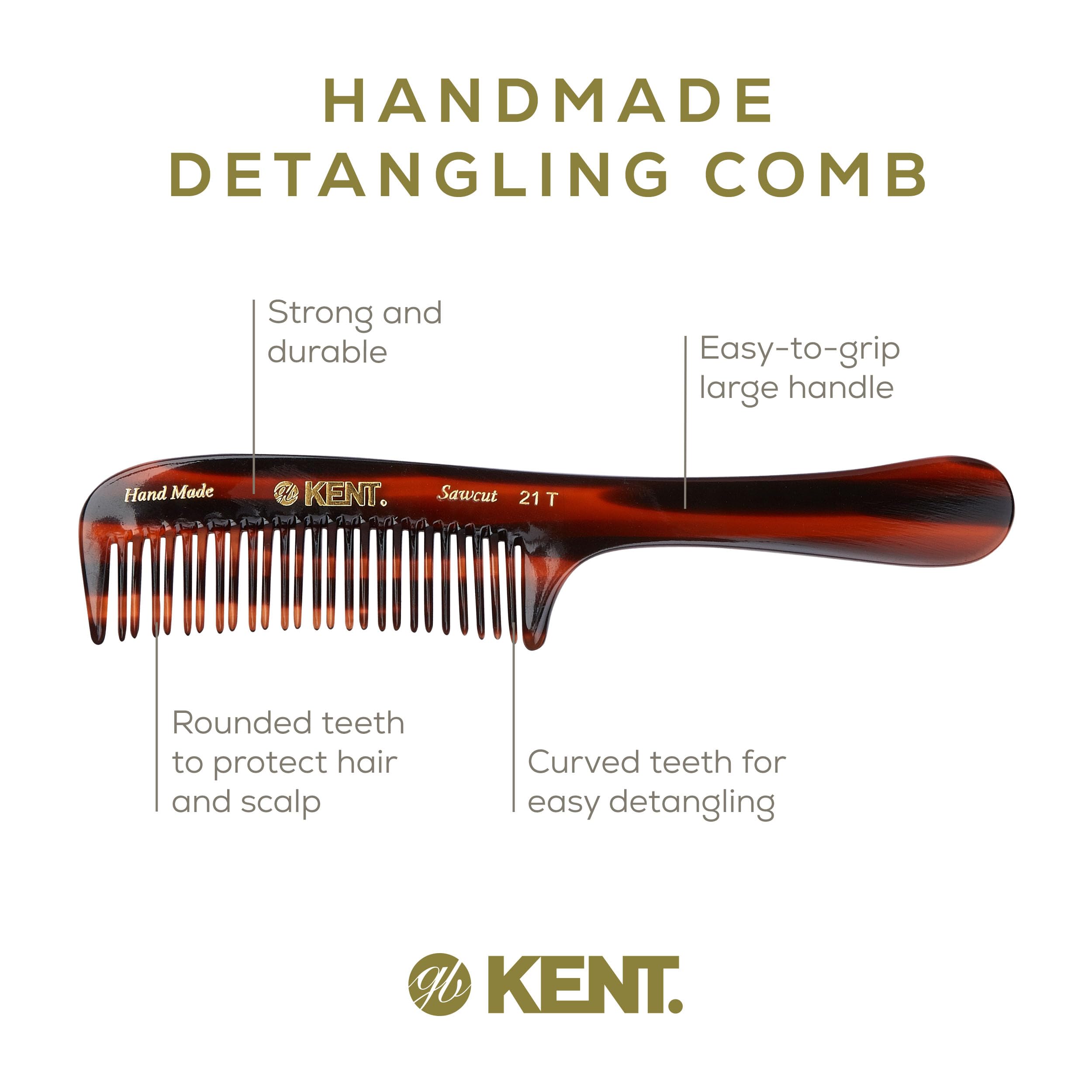 Kent 21T Tortoiseshell Large Detangling Comb, Wide Teeth for Thick Curly Wavy Hair. Long Hair Detangler Comb For Wet and Dry. Handmade of Quality Cellulose, Saw-Cut Hand Polished, Made in England