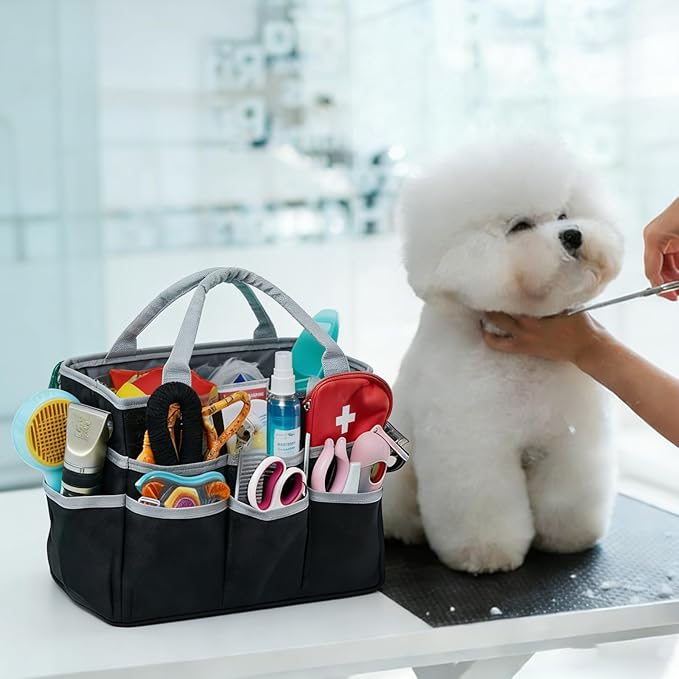 HTYSIQI Dog Grooming Organizer Bag with 10 Pockets, 600D Oxford Portable Tote for Pet Supplies Storage, Travel Grooming Kit for Dog Cat Accessories, Shampoo, Brush, Clipper, Lightweight & Durable
