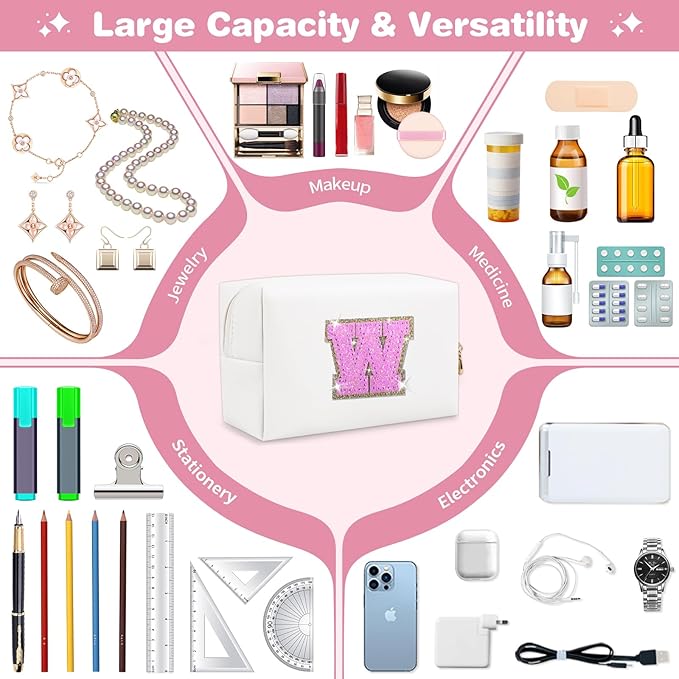 Small Initial Patch Makeup Bag Personalized Gifts Make Up Bag,White Cute PU Leather Glitter Letter Cosmetic Bag with Zipper,Trendy Portable Travel Toiletry Pouch,Preppy Stuff for Teen Girls Women W