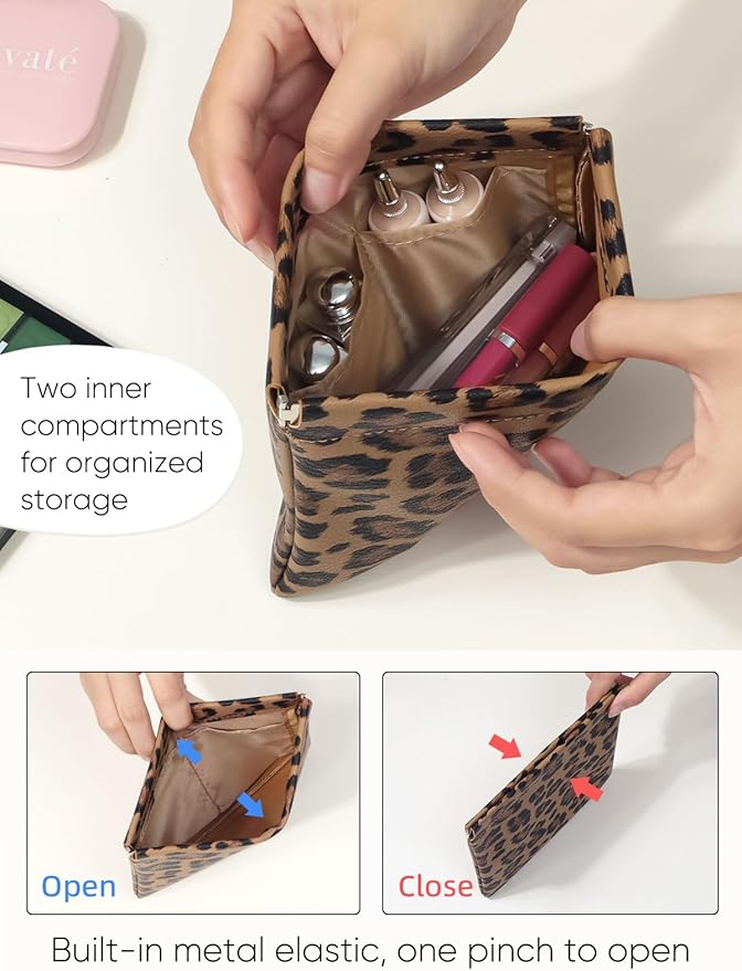 Ksriylm Leopard Leather Small Makeup Pouch for Women,Cosmetic Accessories Organizer,Waterproof and Portable Cosmetic Bag,Self-closing, No Zipper, Aesthetic Storage Pouch,Lipstick for Purse,Brown