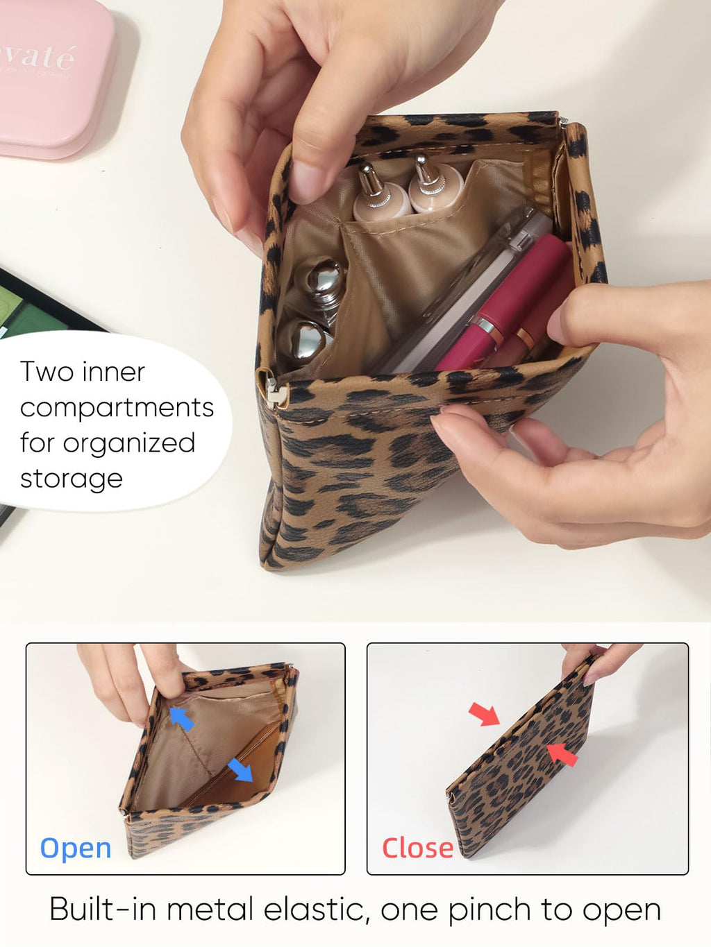 Ksriylm 2 Leopard Leather Small Makeup Pouches Set for Women,Cosmetic Accessories,Waterproof and Portable Cosmetic Bags,Self-closing,No Zipper, Aesthetic Storage Pouch,Lipstick for Purse, Brown