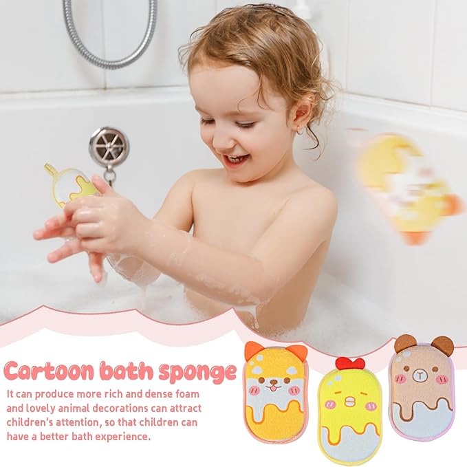 Baby and Kids Bath Loofah Sponge, Soft and Absorbent Toddler Exfoliating Body Scrubber Shower Loofa Sponge,Cute Pattern Design for Kids Baby Women Boys and Girl, 3 Pack (Bear/Dog/Chick)