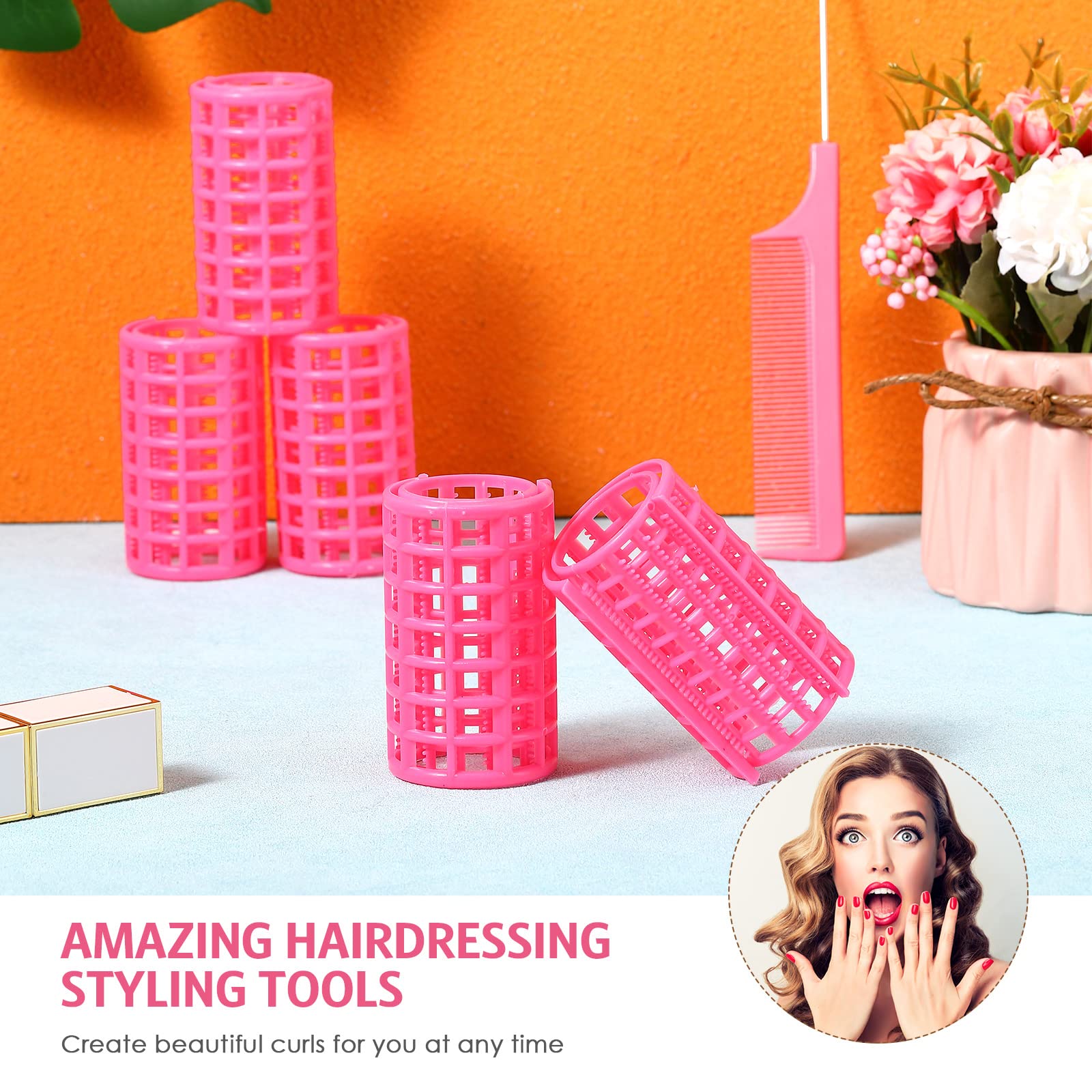 Syhood 12 Pcs Pink Plastic Hair Rollers for Women Large Size Curlers Set Snap Roller Clips with Rat Tail Comb for Long Medium Short Hair Bangs, Salon Hairdressing Styling Tool (2.6 x 1.4 Inch)