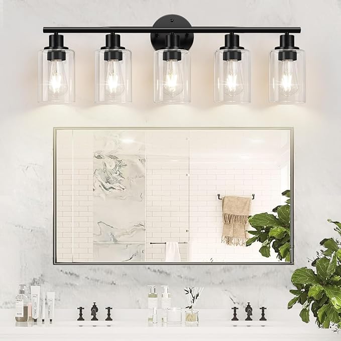 Zarbitta 5-Light Bathroom Light Fixtures, Black Modern Vanity Lights with Clear Glass Shade, Bathroom Wall Lamp for Mirror Kitchen Living Room Hallway Cabinet Porch