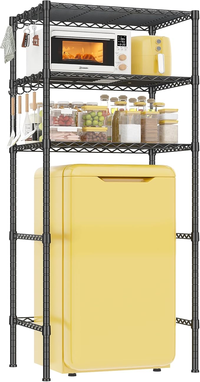 REIBII 3 Tier Mini Fridge Shelf with Storage for Dorm Adjustable Shelving Metal Storage Shelves Rack Mini Fridge and Microwave Stand for College Rooms Kitchen, Office, 65.36Hx18.1Dx26.38W, Black