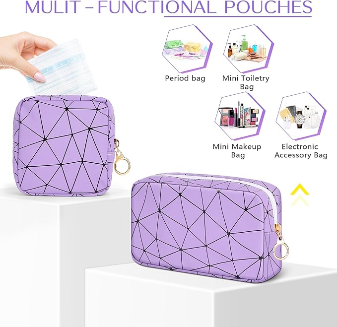 Likesing Period Bag for Teen Girls, Leather Sanitary Napkin Storage Bag, Portable Menstrual Pad Bag Period Pads Pouch, Small Make Up Bags (Purple)