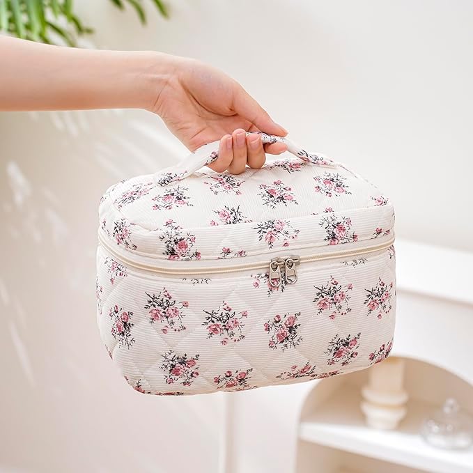 uekeboag Large Travel Quilted Makeup Bag for Women, Floral Cotton Cosmetic Bag, Coquette Aesthetic Floral Toiletry Organizer Bag(Corduroy Pink