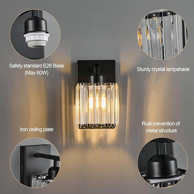 Modern Wall Sconce Set of Two Indoor Wall Lamp Black Wall Sconces Crystal Wall Light Bathroom Vanity Light Fixtures Wall Mounted Room Sconce Wall Lighting