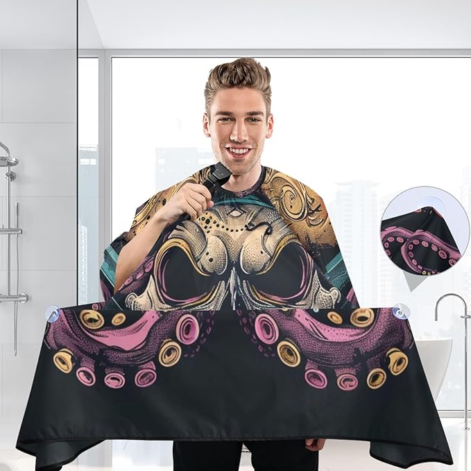 JUZIHAI Hair Cutting Cape, Pctopus Skull Pirate Waterproof Salon Barber Apron Cape with Adjustable Neck, Beard Shaving Bib for Men Women Kids, 55x65 Inch