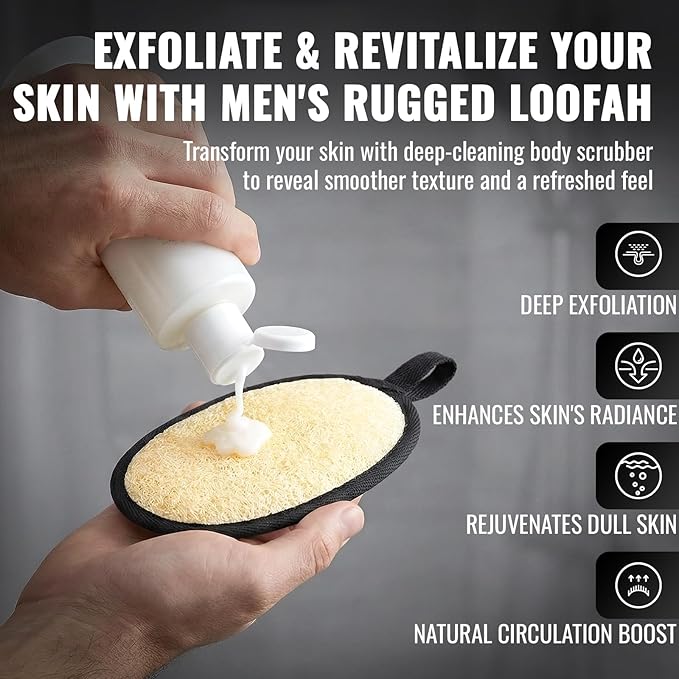 Natural Loofah for Men, 2PCS Black & White Set Egyptian Luffa Body Scrubber for Shower & Bath, Quick-Drying Exfoliating Sponge Pad for Men's Hygiene & Body Care - Travel Essentials & Gym Tool