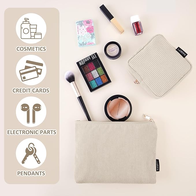 MAGEFY Small Makeup Bag for Purse Corduroy Makeup Bag with Inner Zipper Pockets Travel Cosmetic Bag for Women Preppy Stuff Aesthetic Gifts, Beige