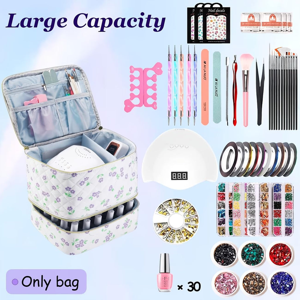 hibear Nail Supplies Organizer Nail Polish Storage Holds 30 BottlesNail Polish Storage Holds 30 Bottles Nail Kit Case Makeup Bag Vanity Case for Women (Striped blue)