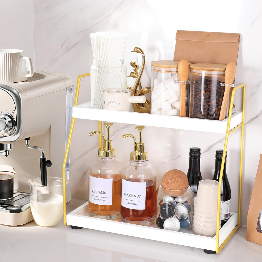 DWTS 2 Tier Wood/Gold Metal Coffee Station Organizer,Coffee Bar Accessories